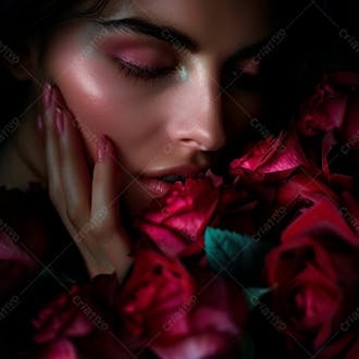Uma mulher segurando e cheirando suavemente um buquê de rosas 45