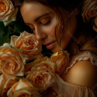 Uma mulher segurando e cheirando suavemente um buquê de rosas 46
