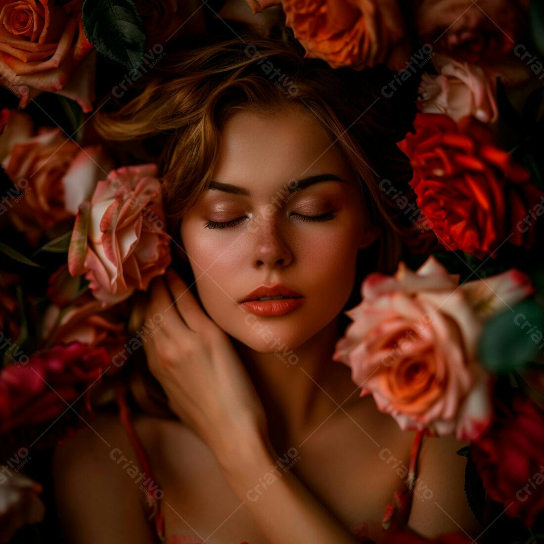 Mulher serena entre rosas vermelhas e rosadas