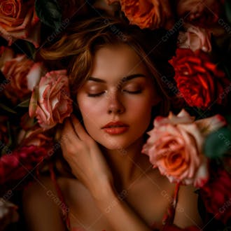 Uma mulher segurando e cheirando suavemente um buquê de rosas 47
