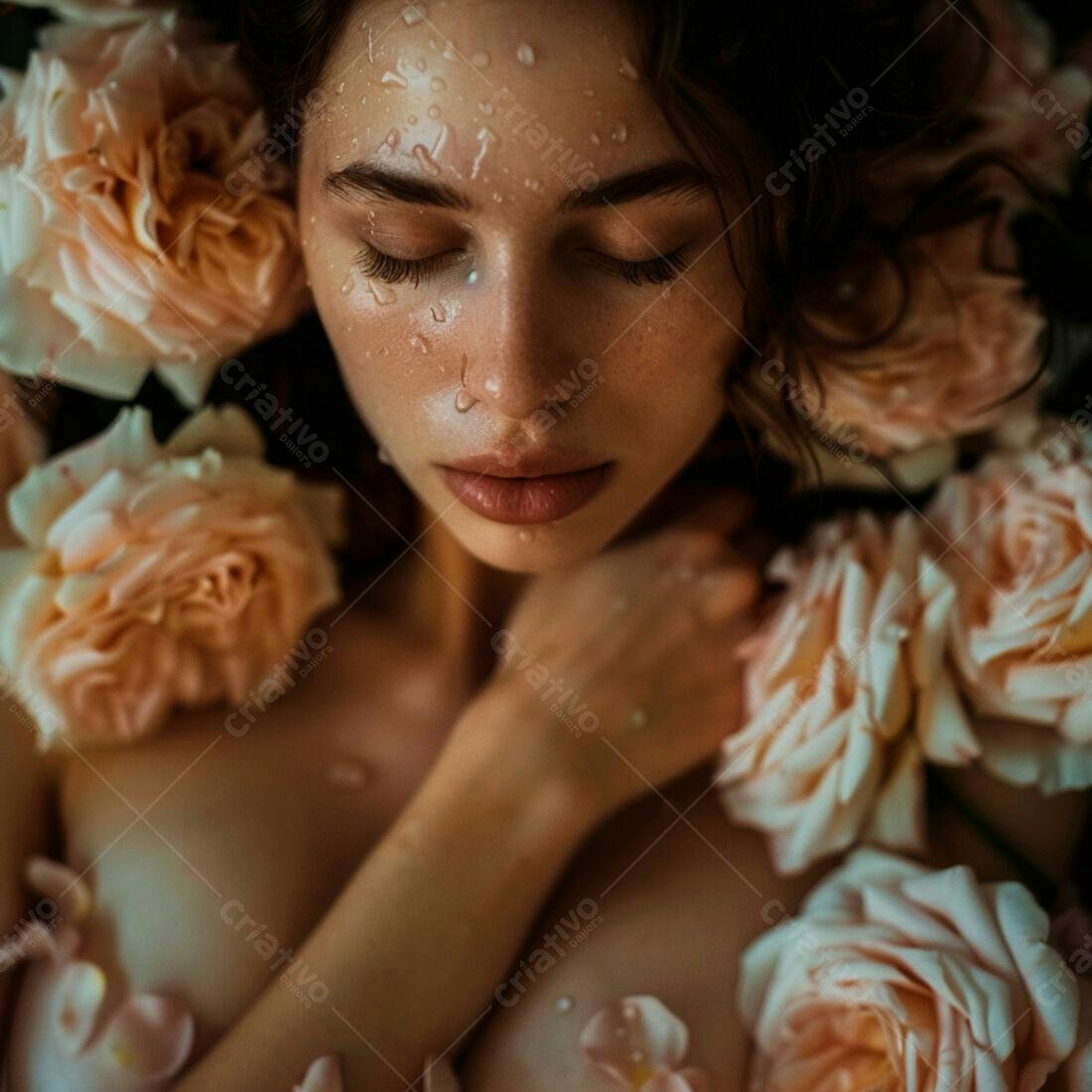 Mulher em banho de rosas cor pêssego