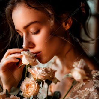 Uma mulher segurando e cheirando suavemente um buquê de rosas 49