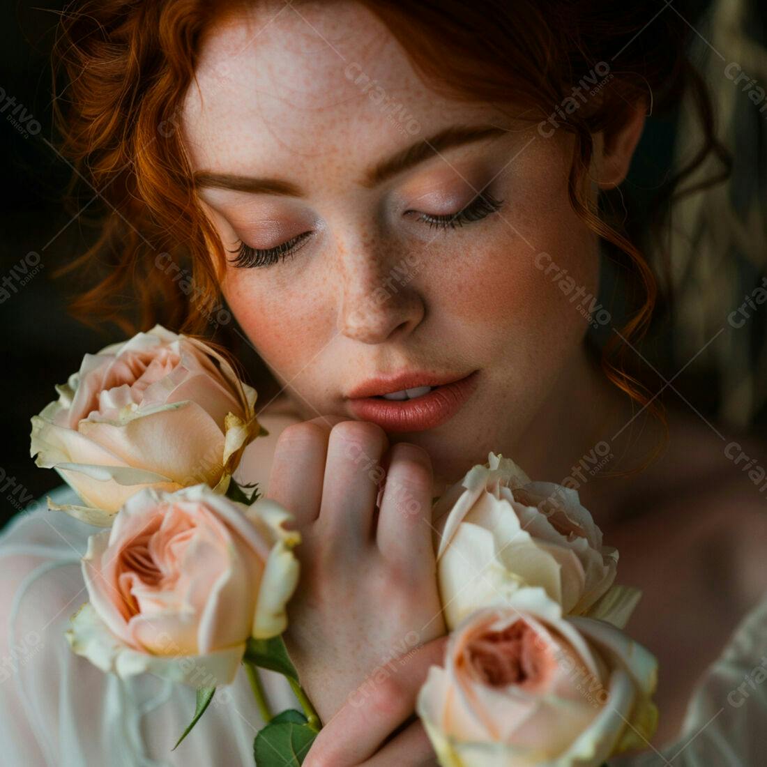 Mulher ruiva com rosas em tons pastel