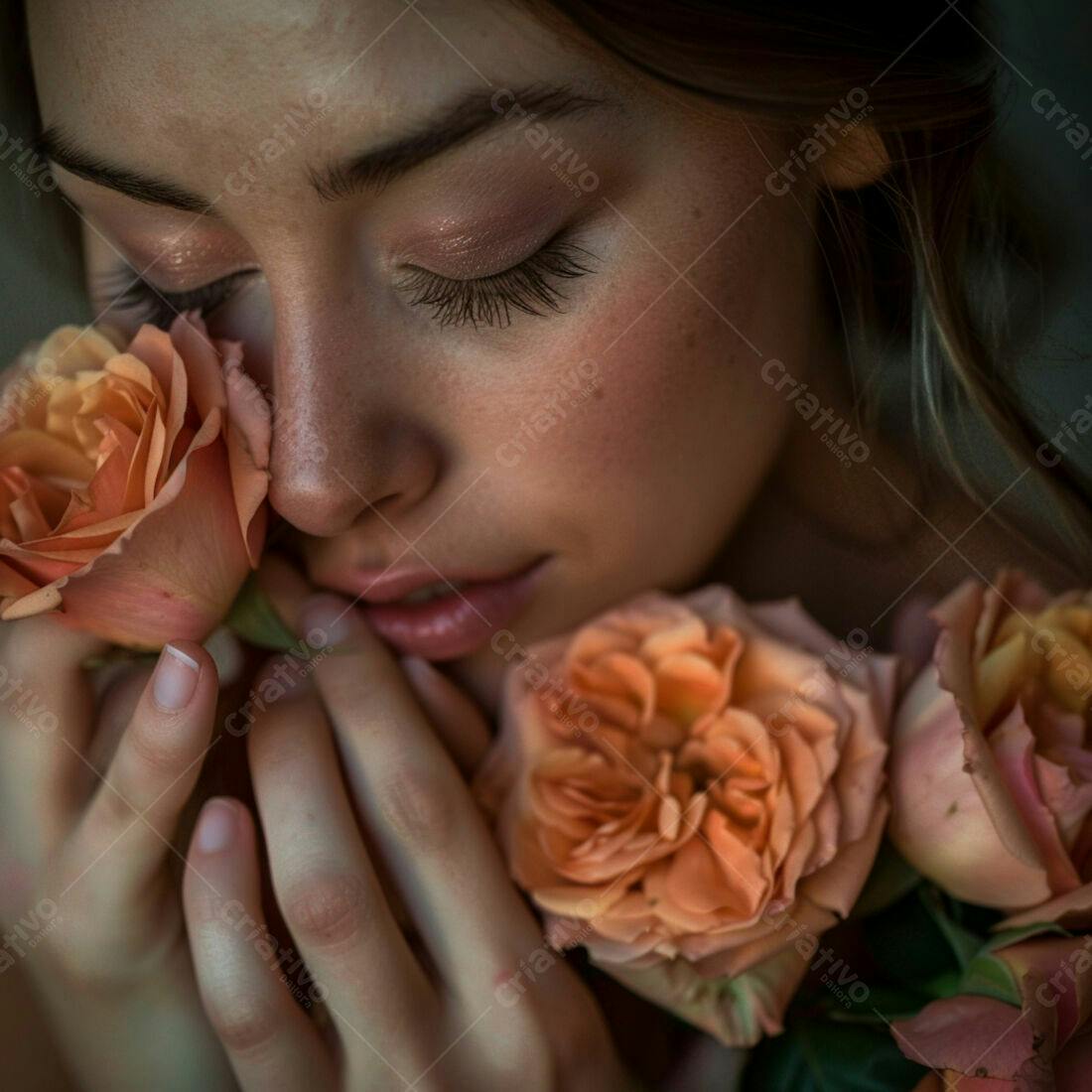 Mulher com rosas cor pêssego
