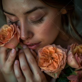 Uma mulher segurando e cheirando suavemente um buquê de rosas 51