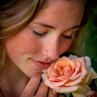 Uma mulher segurando e cheirando suavemente um buquê de rosas 52