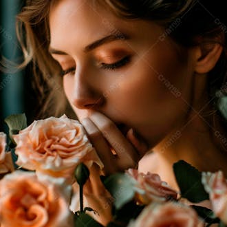 Uma mulher segurando e cheirando suavemente um buquê de rosas 53