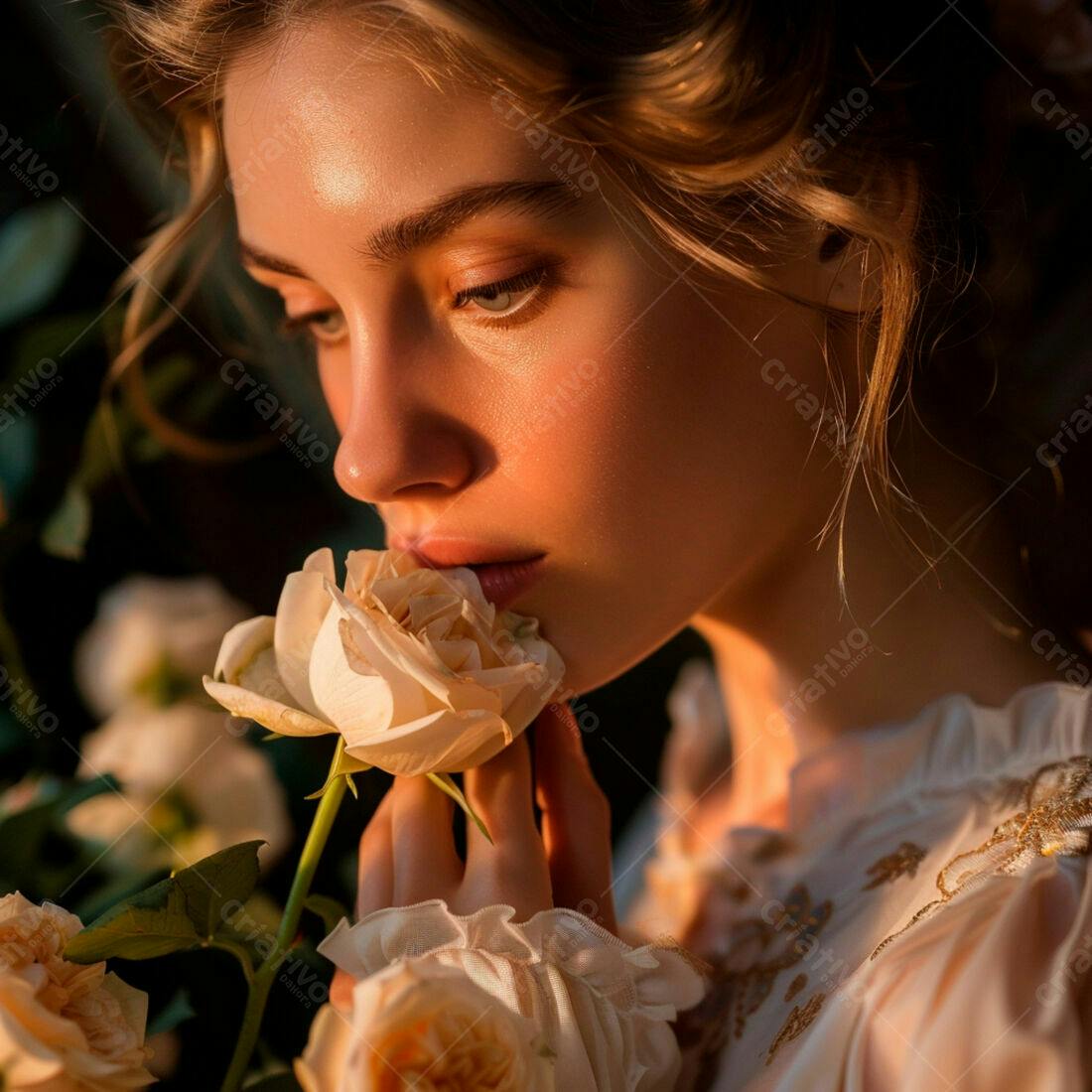 Mulher cheirando rosa ao entardecer