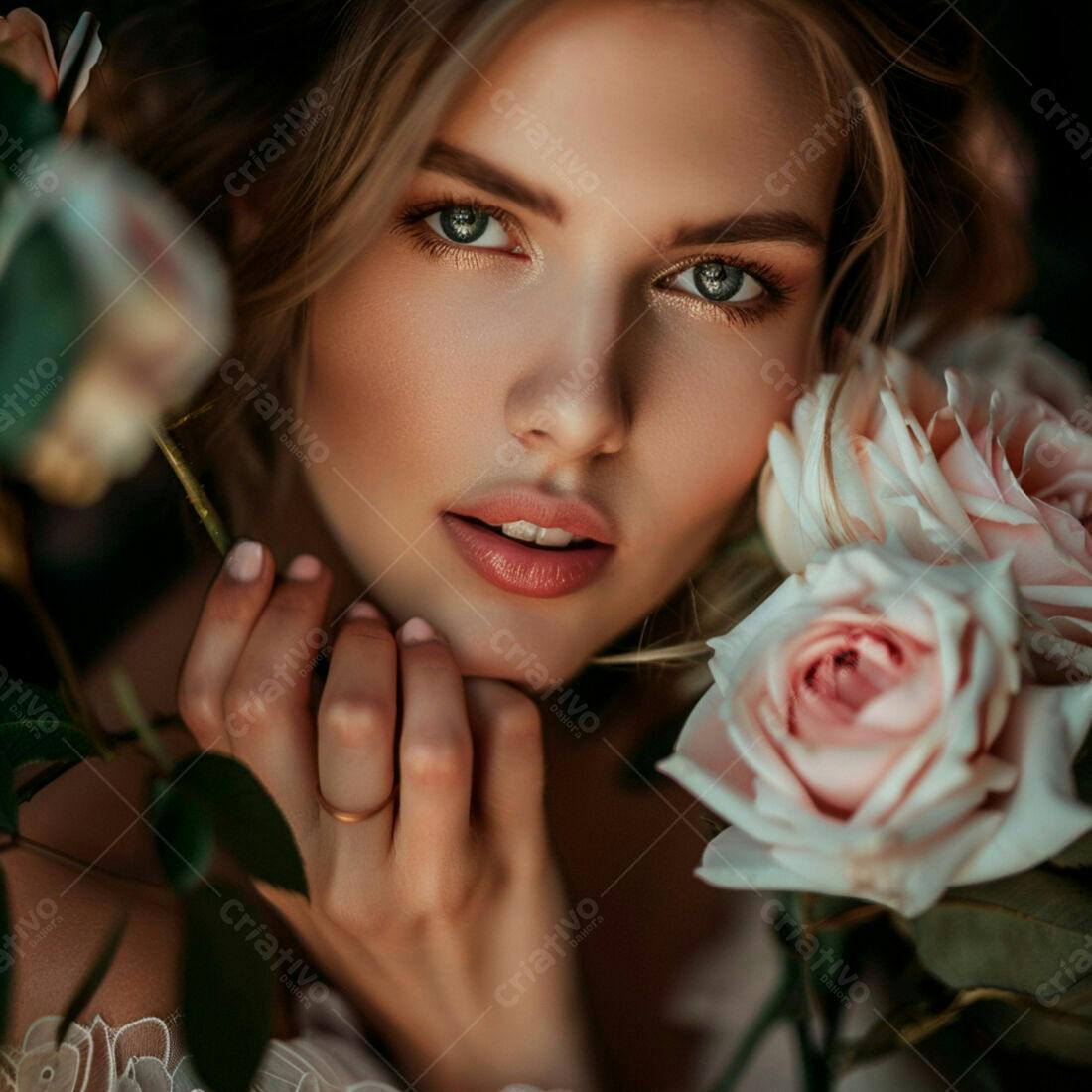 Mulher loira com rosas cor-de-rosa