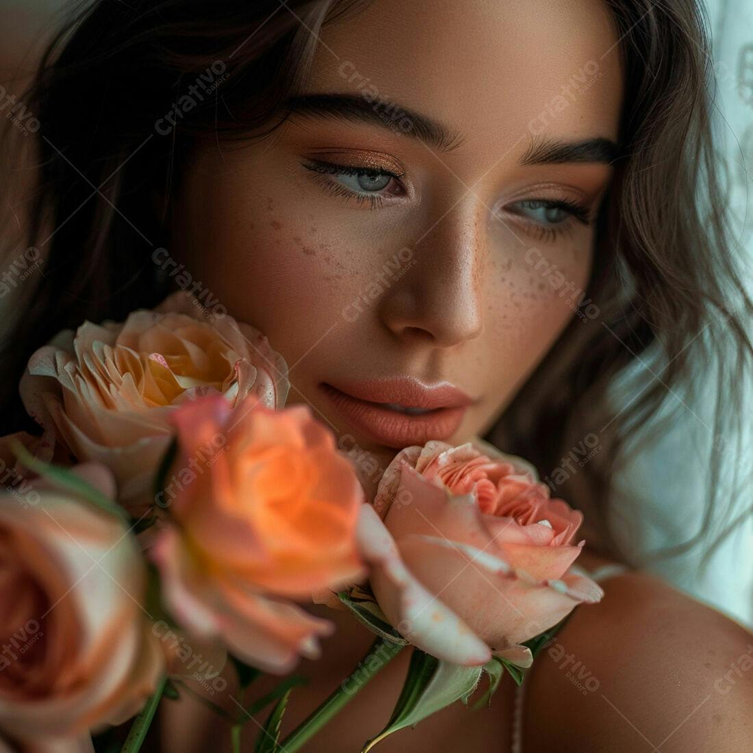 Mulher com sardas segurando rosas pêssego