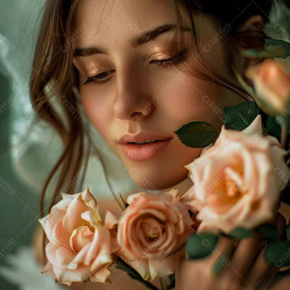 Mulher com rosas pêssego maquiagem suave