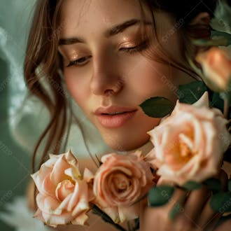 Uma mulher segurando e cheirando suavemente um buquê de rosas 57