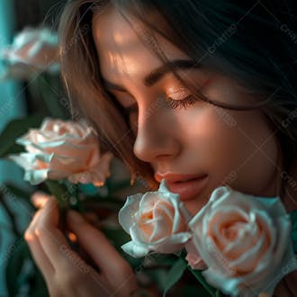 Uma mulher segurando e cheirando suavemente um buquê de rosas 58