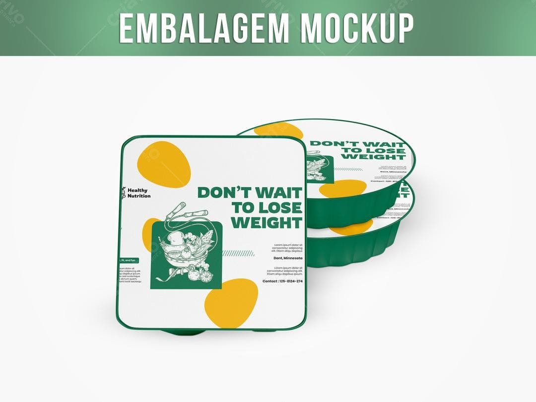 Mockup Realista de Embalagem para Marmita Fitness Verde e Amarela