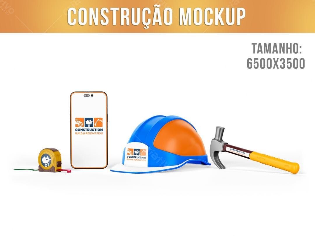 Mockup Realista de Branding para Construção: Celular, Capacete e Martelo