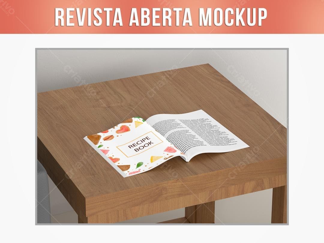 Mockup Revista Aberta: Receitas, tons pastel, mesa de madeira