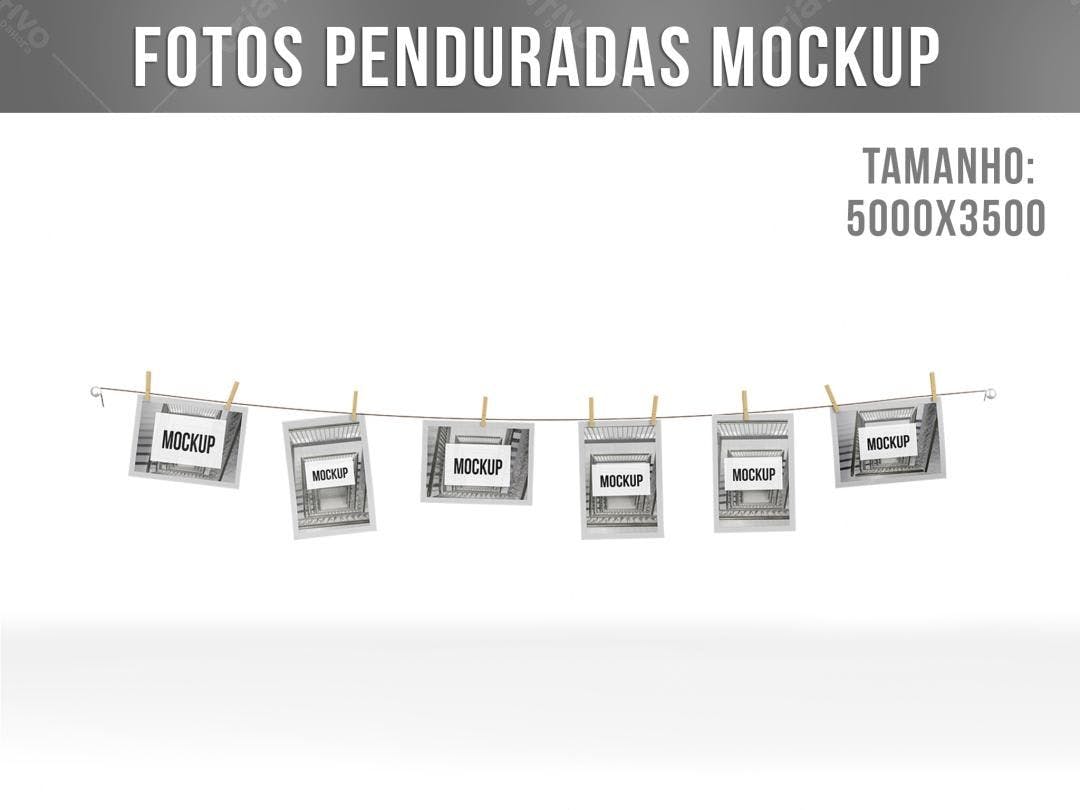 Mockup Fotos Penduradas em Varal: Estilo Vintage