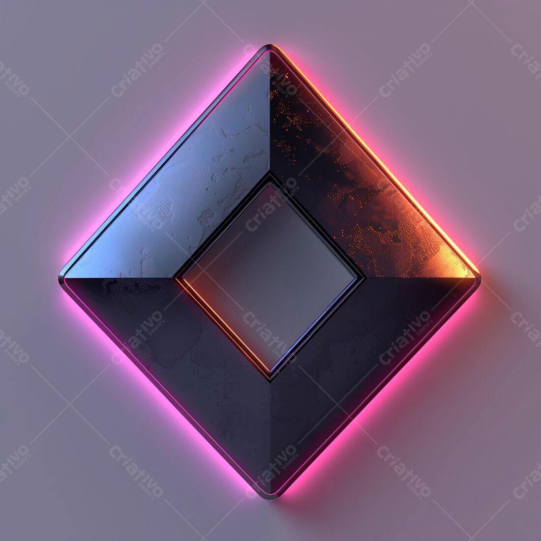 Quadrado metálico com iluminação neon rosa e laranja