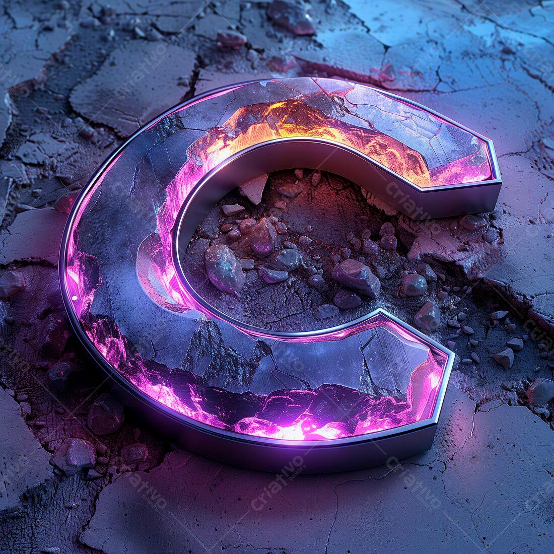 Letra C em pedra com iluminação neon