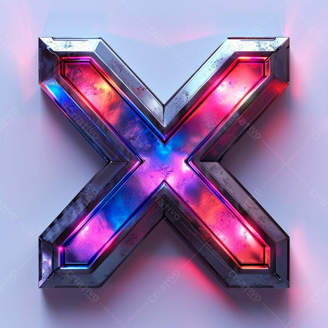 Letra X metálica com iluminação neon rosa e azul