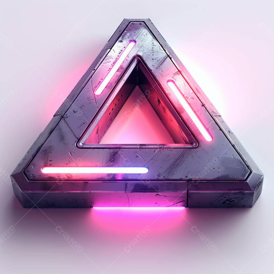 Triângulo metálico com iluminação neon rosa e azul