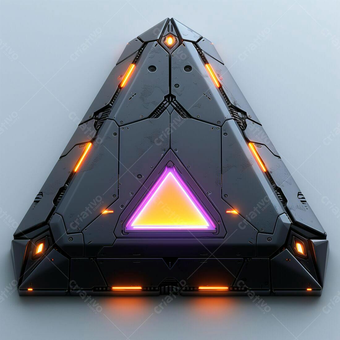 Nave triangular futurista com luzes laranja e roxa