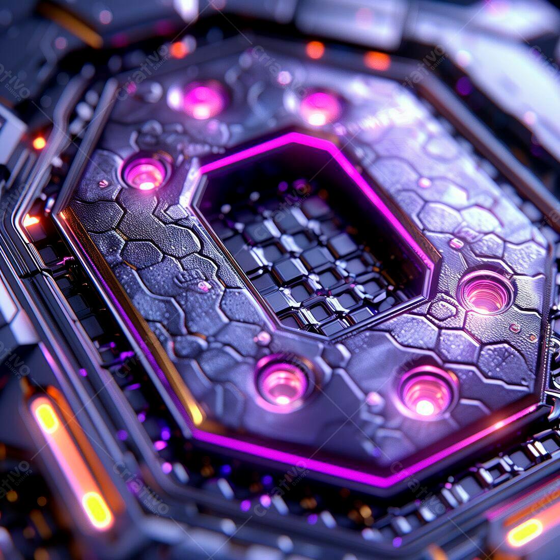 Painel tecnológico futurista com luzes rosa e laranja