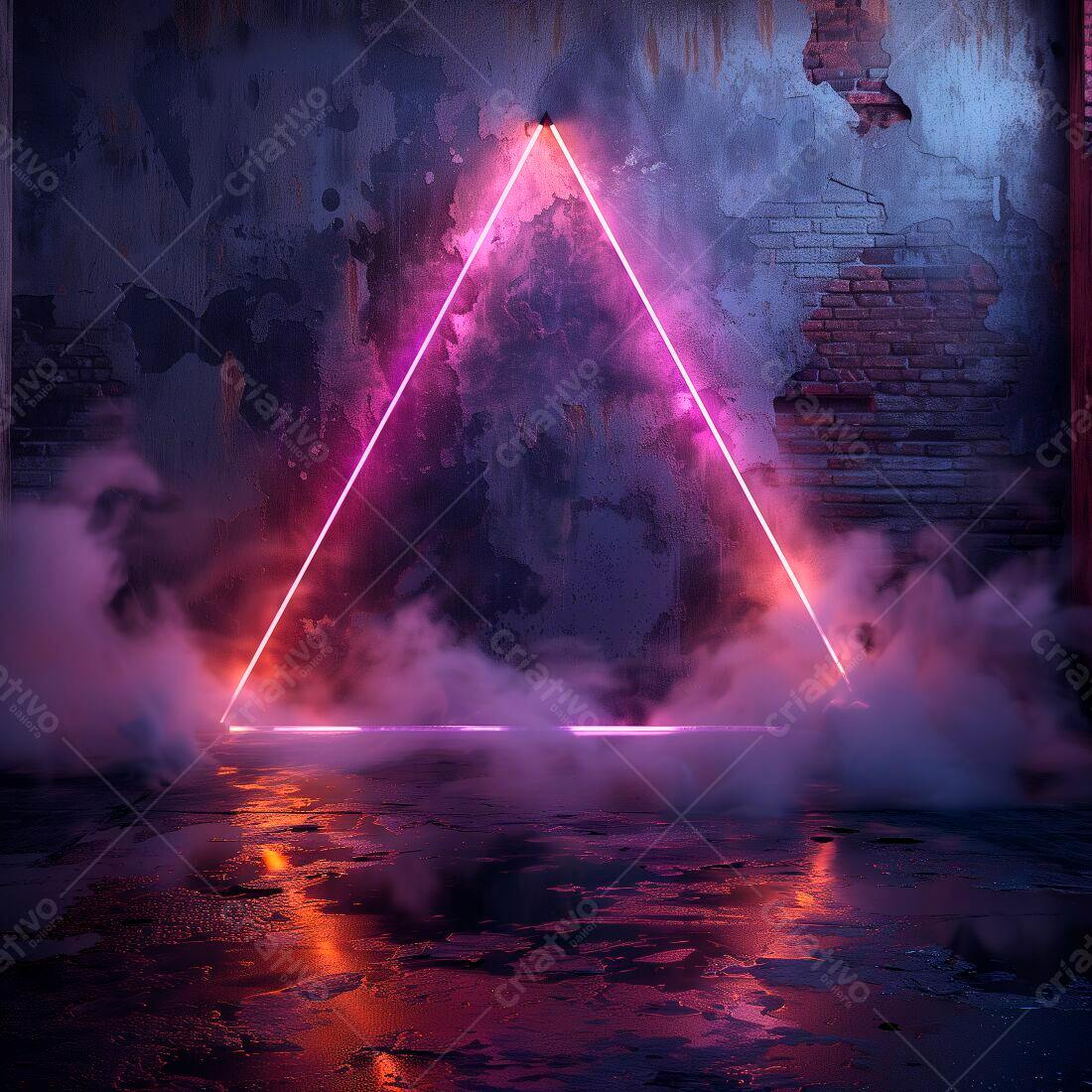Triângulo Neon Rosa e Laranja em Ambiente Industrial