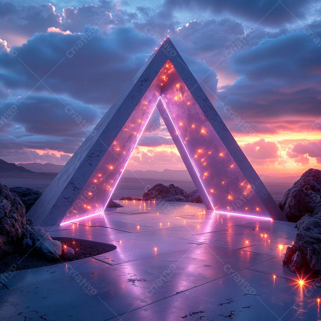 Portal triangular com luzes neon ao pôr do sol