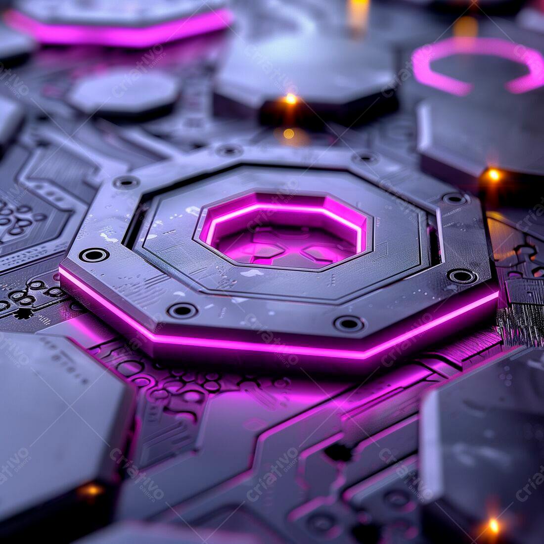 Painel tecnológico futurista com luzes neon rosa