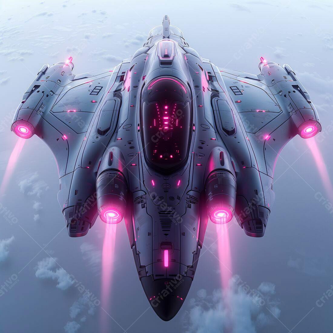 Nave espacial futurista em voo rosa e cinza