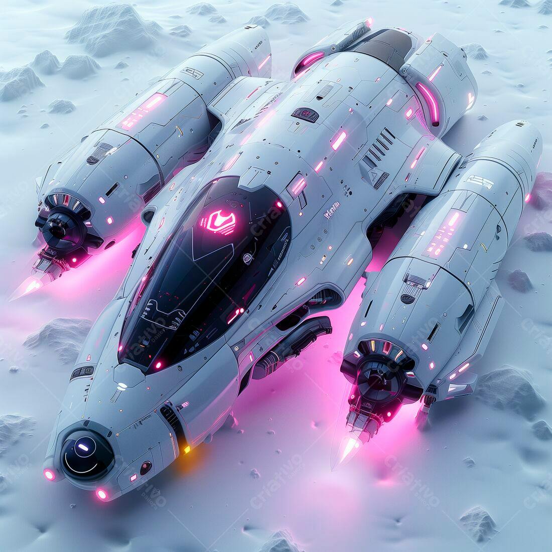 Nave espacial futurista branca e rosa em paisagem gelada