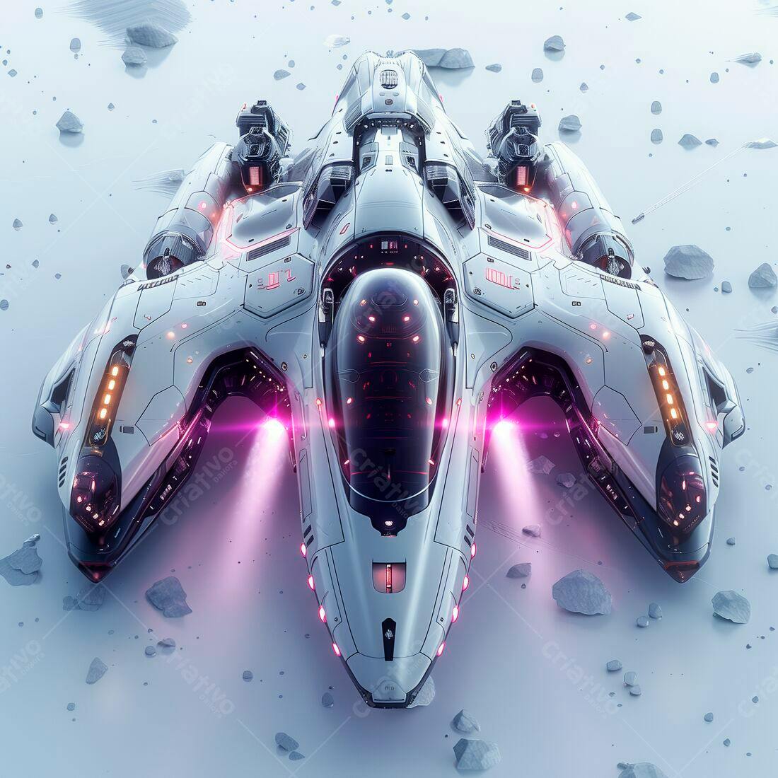 Nave espacial futurista branca e rosa em paisagem rochosa
