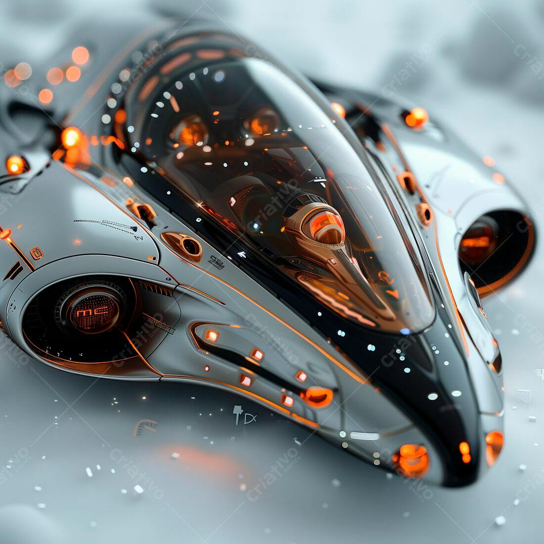 Nave espacial futurista cinza e preta com luzes laranja