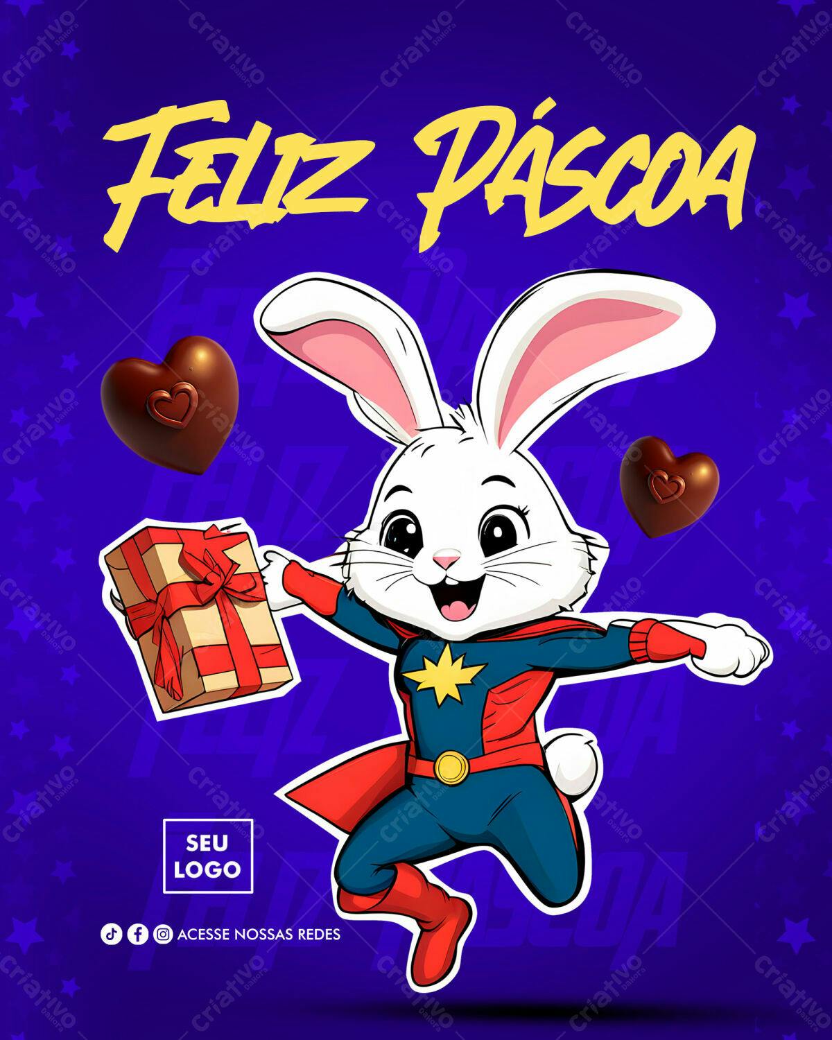 Flyer Páscoa Coelho Super-Herói PSD Editável