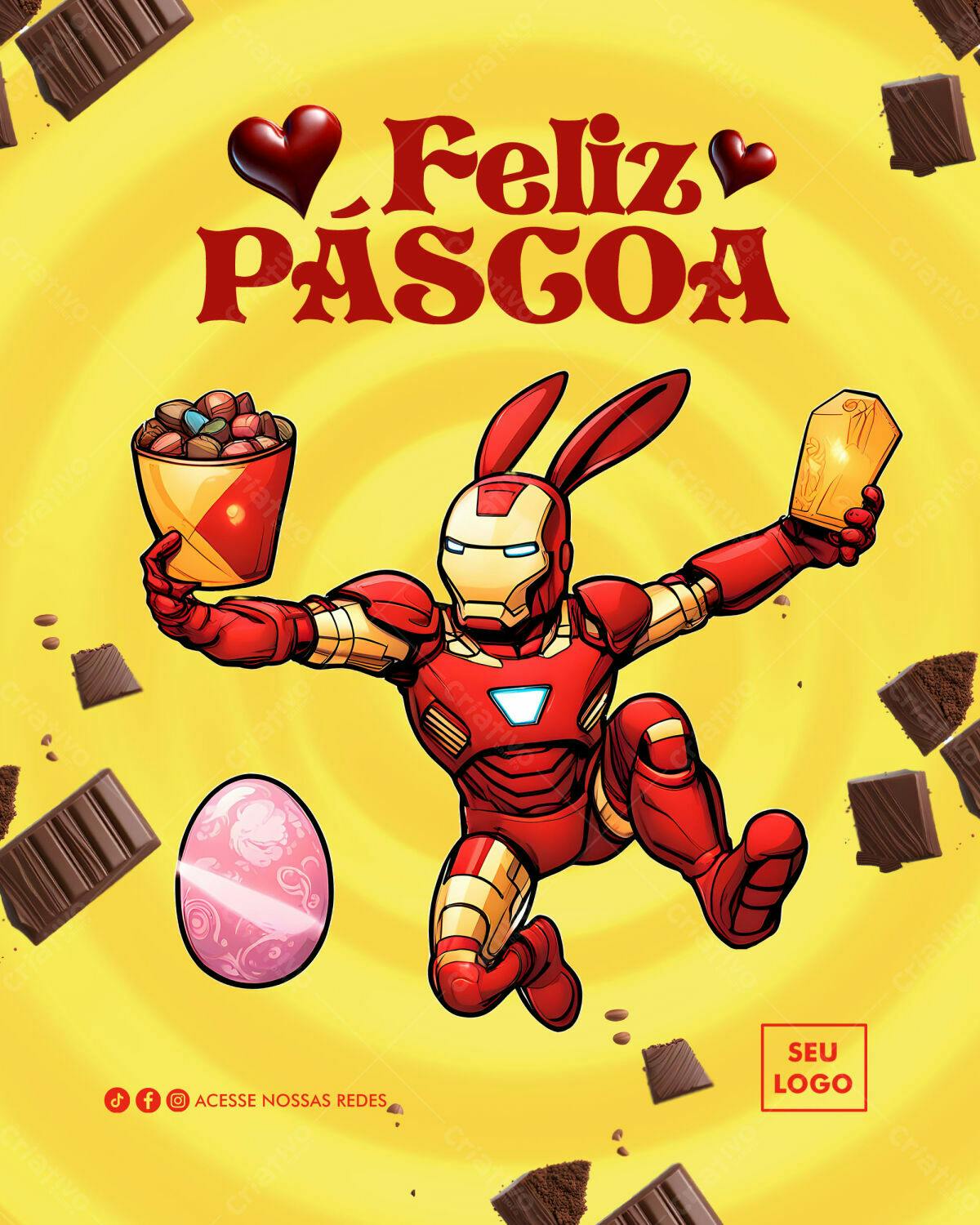 Flyer Páscoa com Homem de Ferro Coelhinho PSD Editável