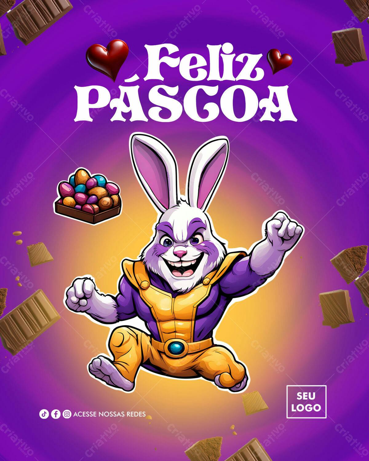 Flyer Páscoa com Coelho Super-Herói PSD Editável
