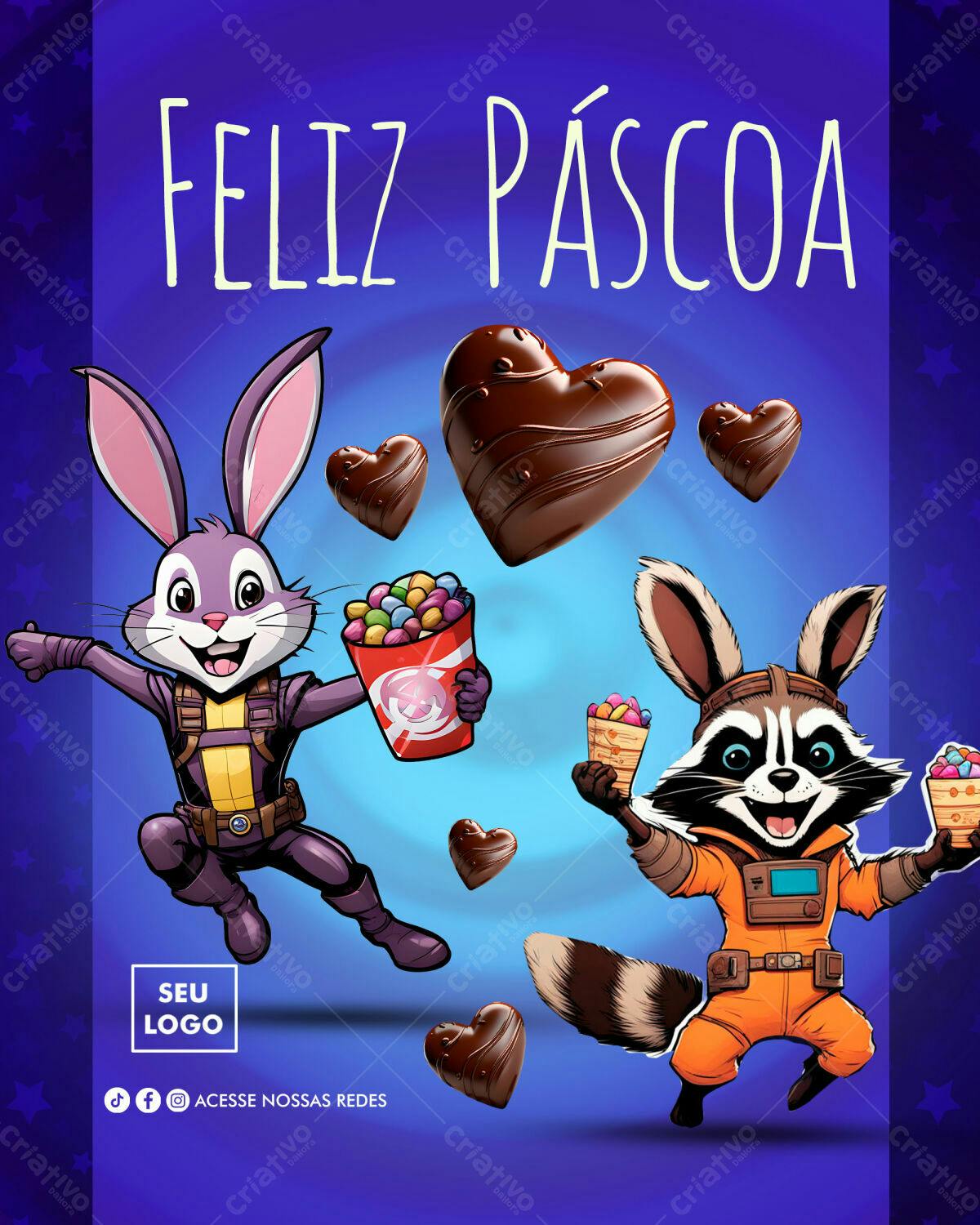 Flyer Páscoa com coelhos e chocolates PSD Editável