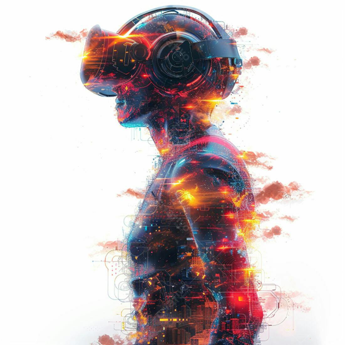 Pessoa usando óculos VR com efeitos digitais