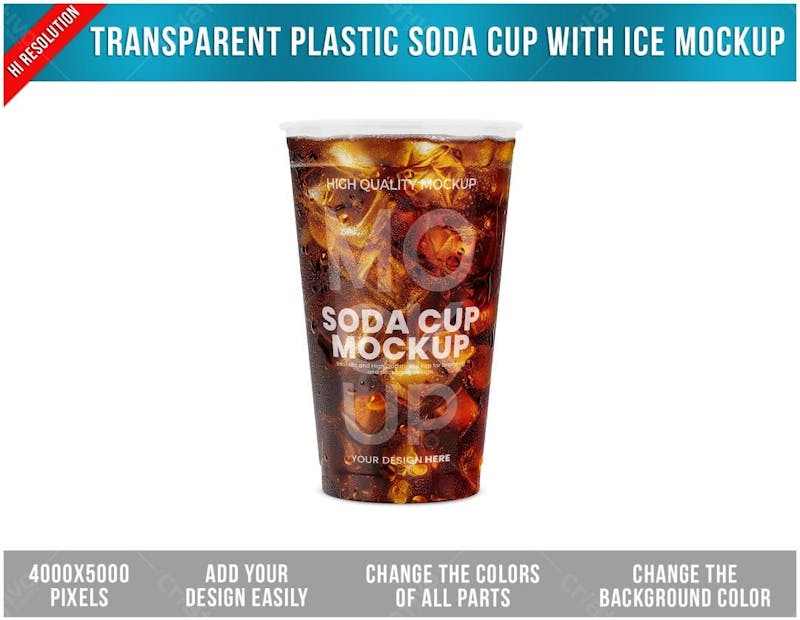 Copo de plástico transparente com gelo chá gelado mockup