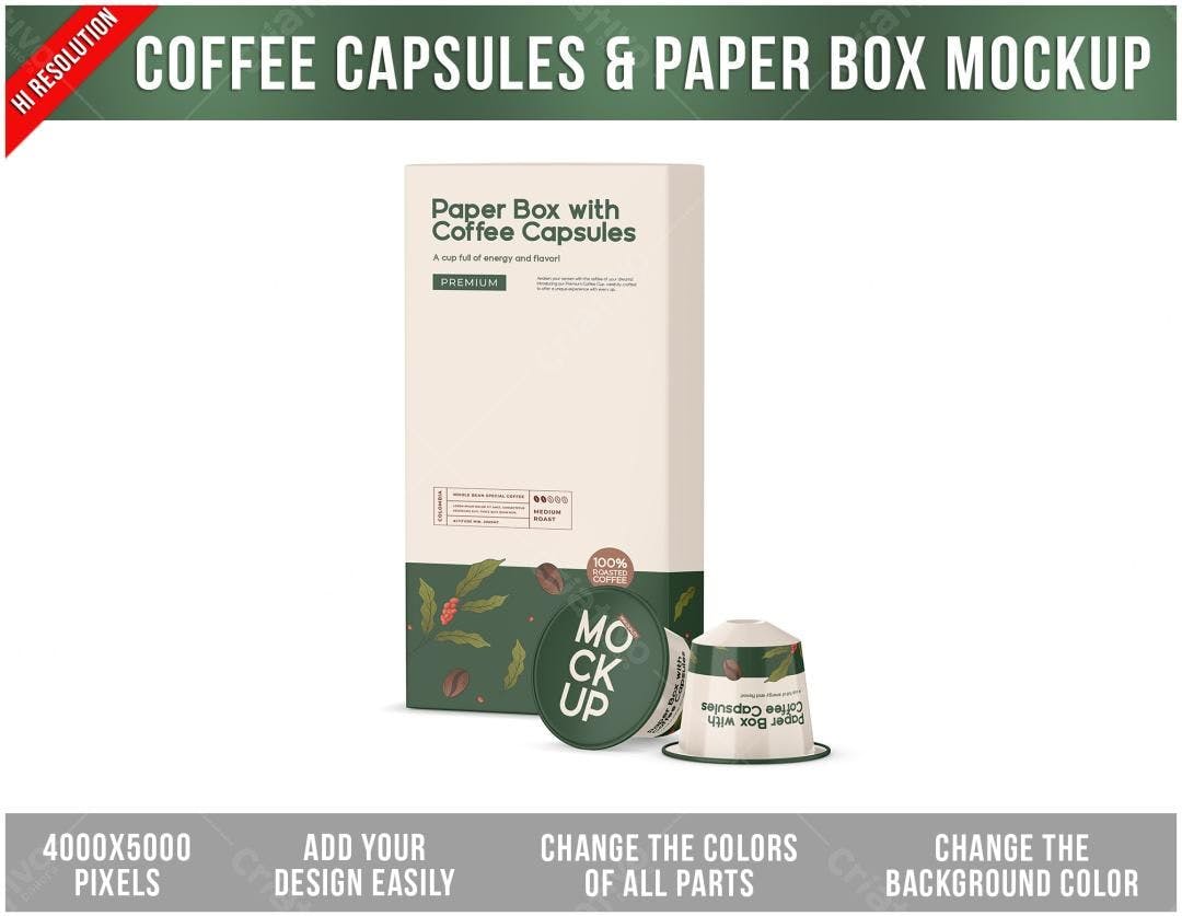 Mockup Embalagem Café: Caixa e Cápsulas - Design Moderno