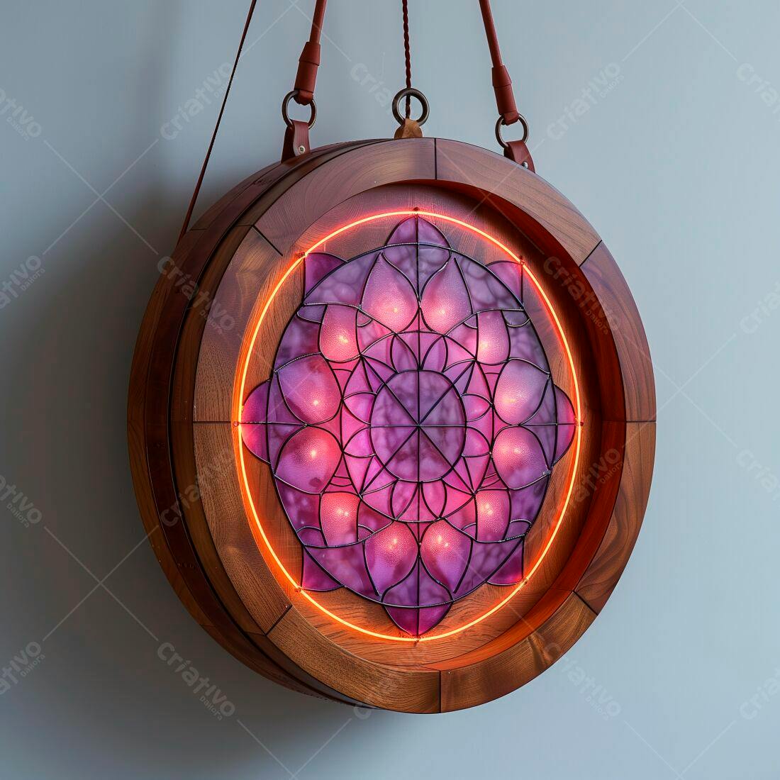 Luminária circular de madeira com mandala roxa e luz neon