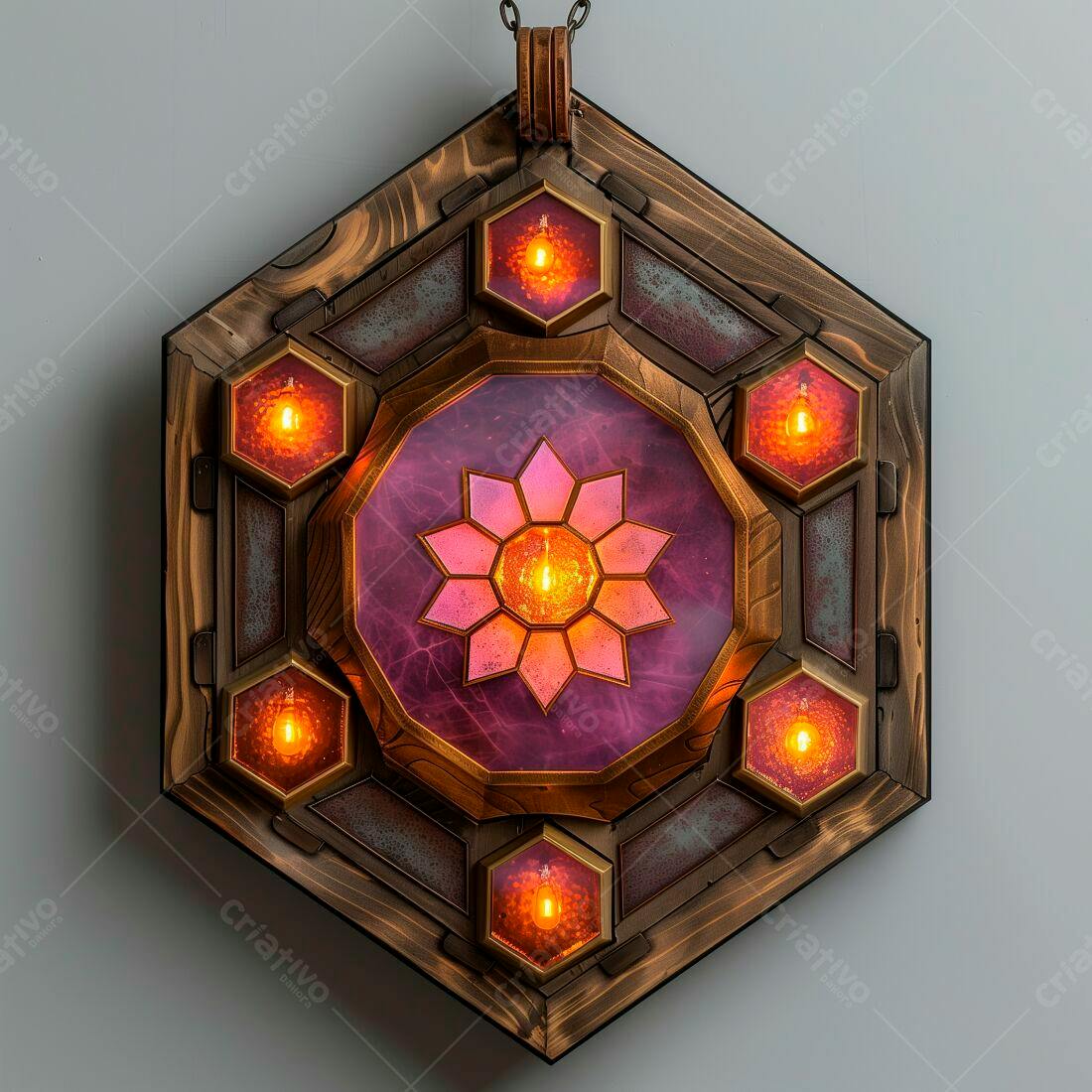 Luminária hexagonal com flor rosa e luzes quentes
