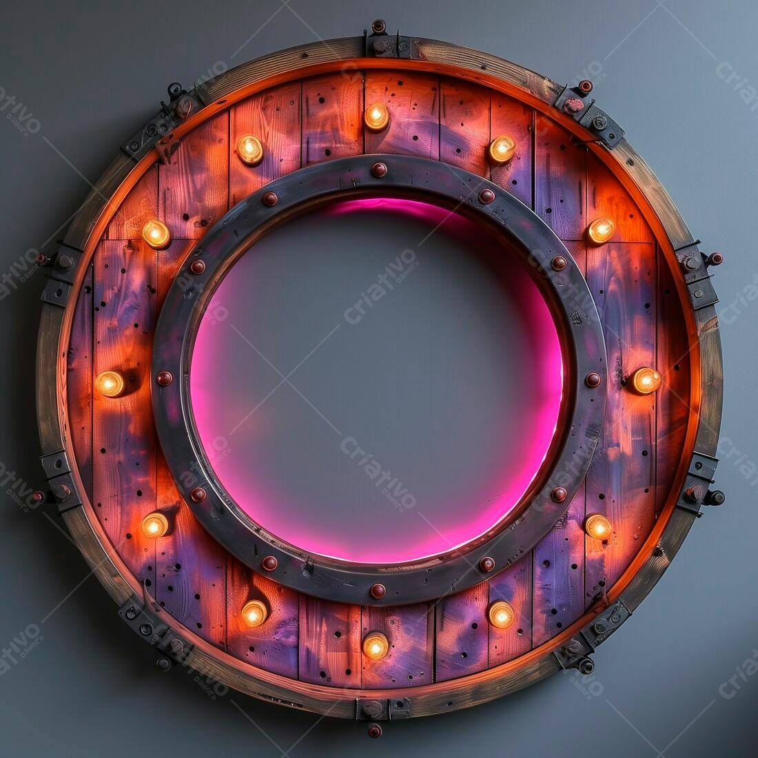 Luminária circular de madeira com luzes vintage