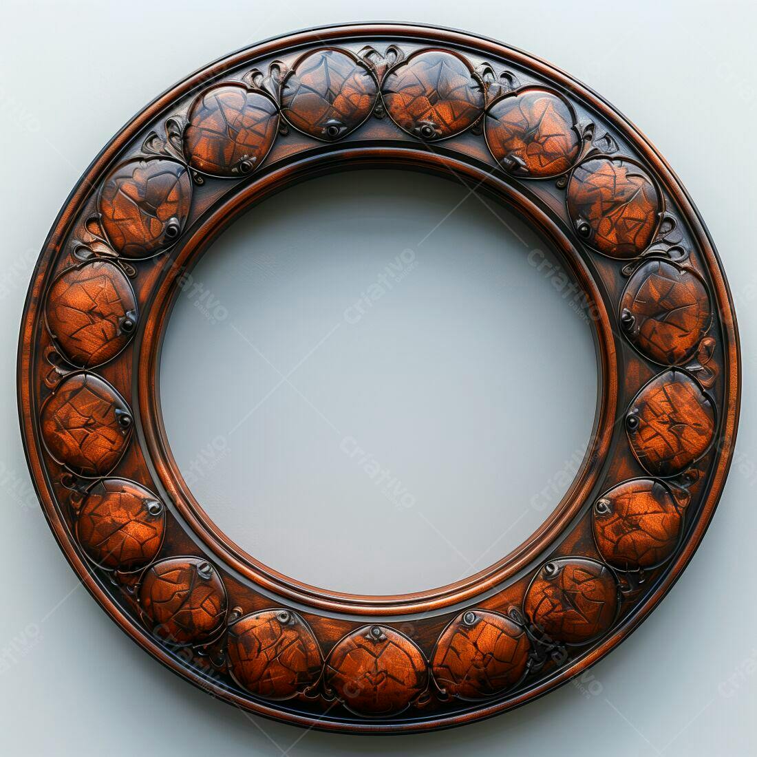 Moldura circular em madeira escura com detalhes em relevo