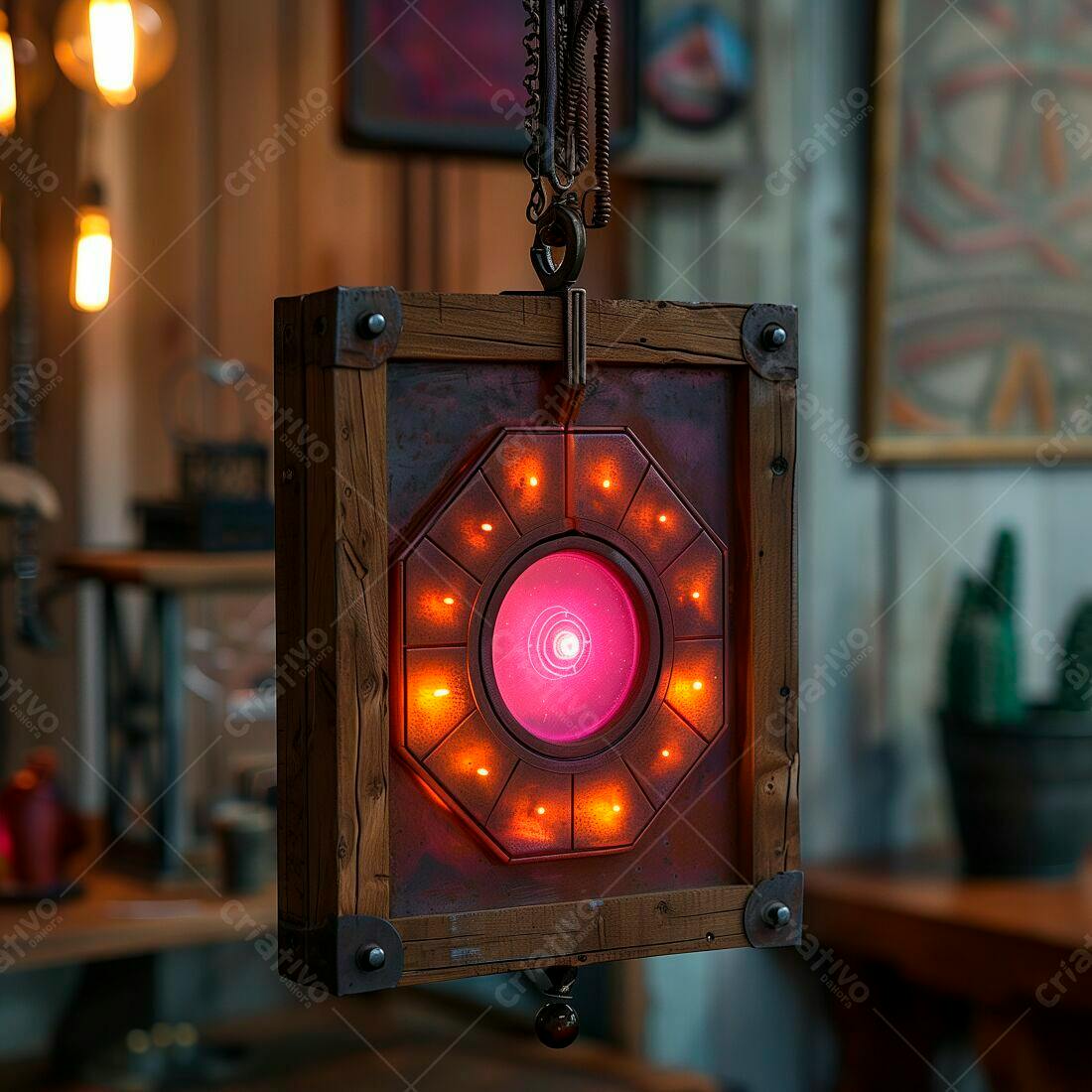 Luminária steampunk com luz rosa