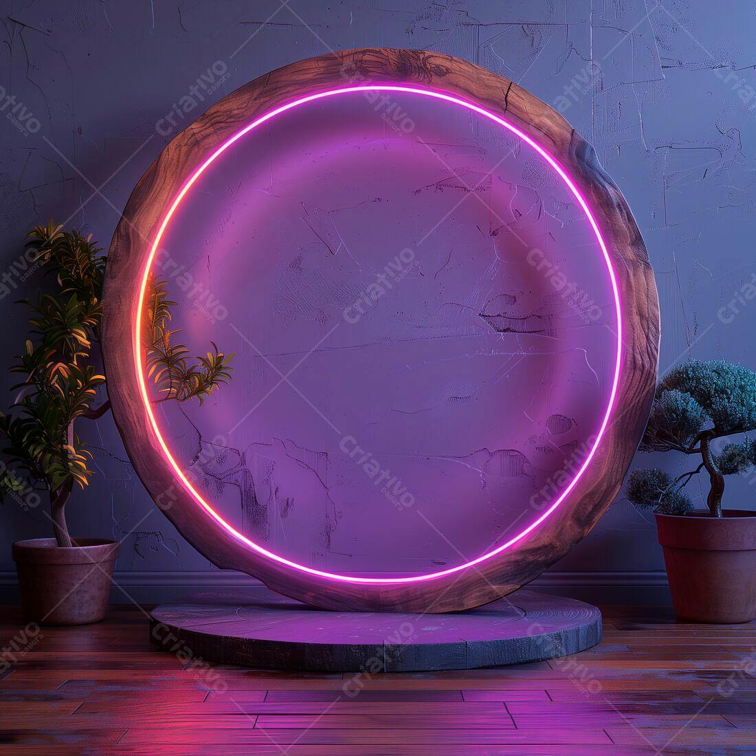 Moldura circular de madeira com iluminação neon