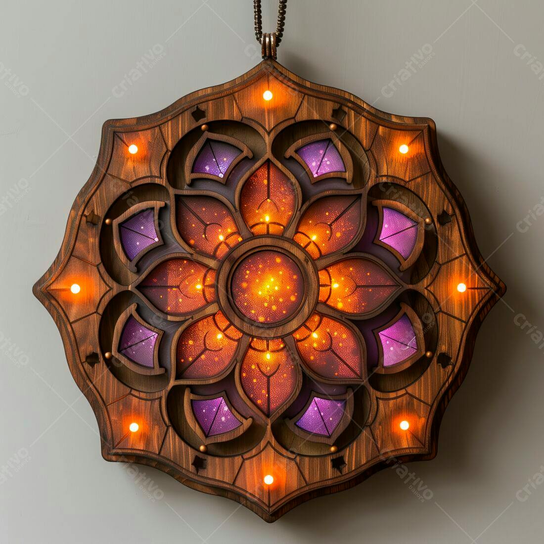Mandala de madeira iluminada tons laranja e roxo