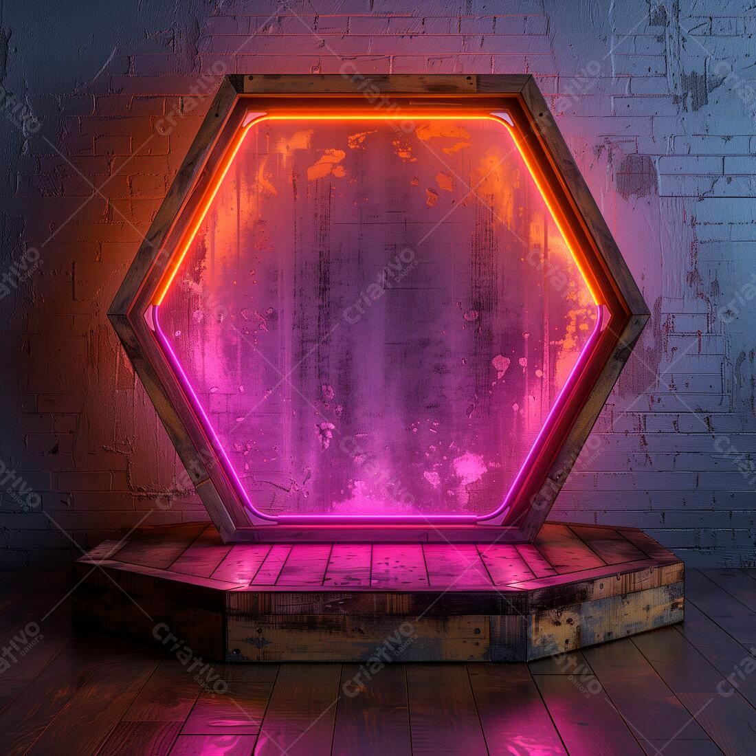 Hexágono Neon Rosa e Laranja em Madeira