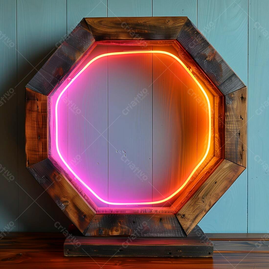 Luminária Neon Octagonal em Madeira Rústica